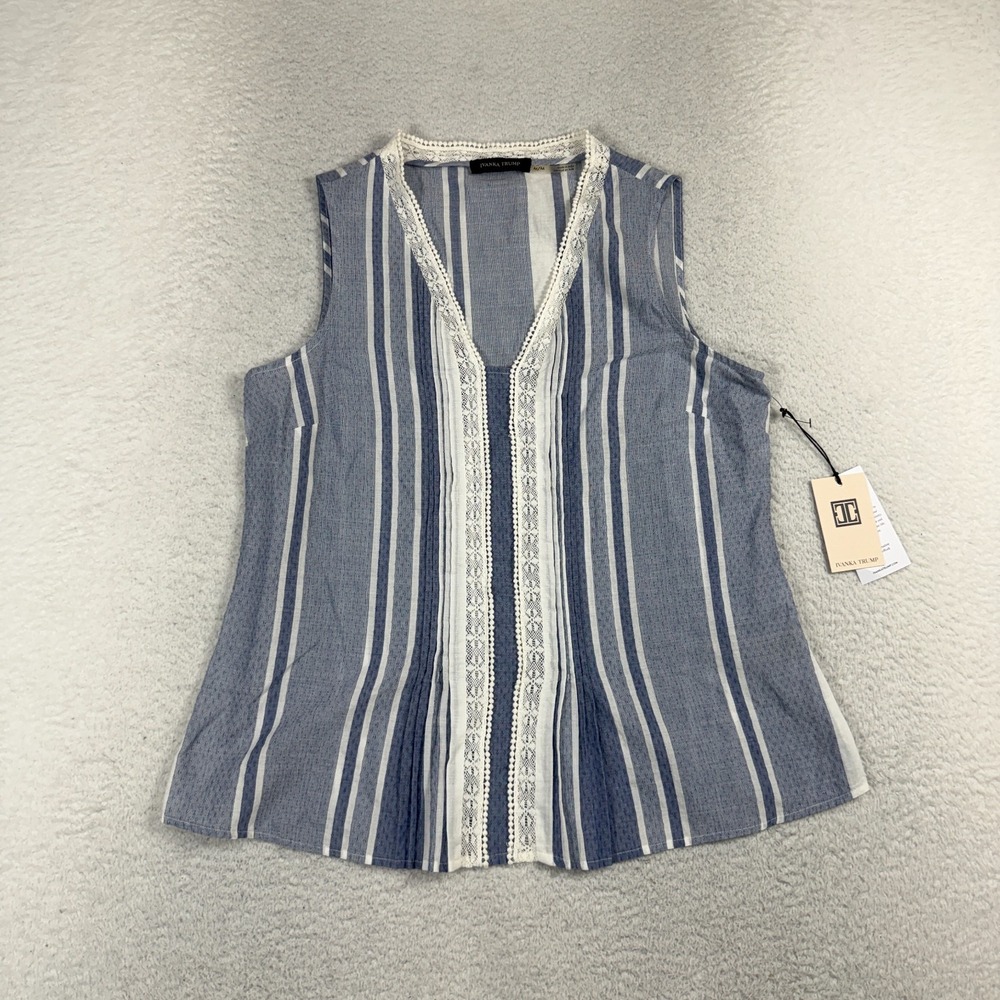 IVANKA TRUMP Womens Medium Blue Striped V-Neck Sleeveless Top NWT 69$ NEW Frill